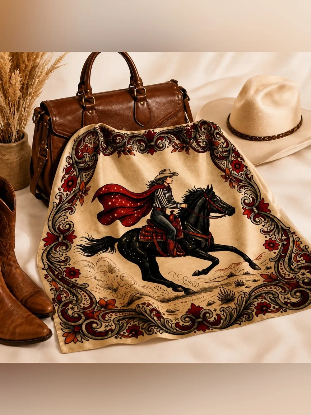 NWT Western Cowgirl Horse Wild Rag Scarf 28x28 Red Black Cream Rodeo Bandana